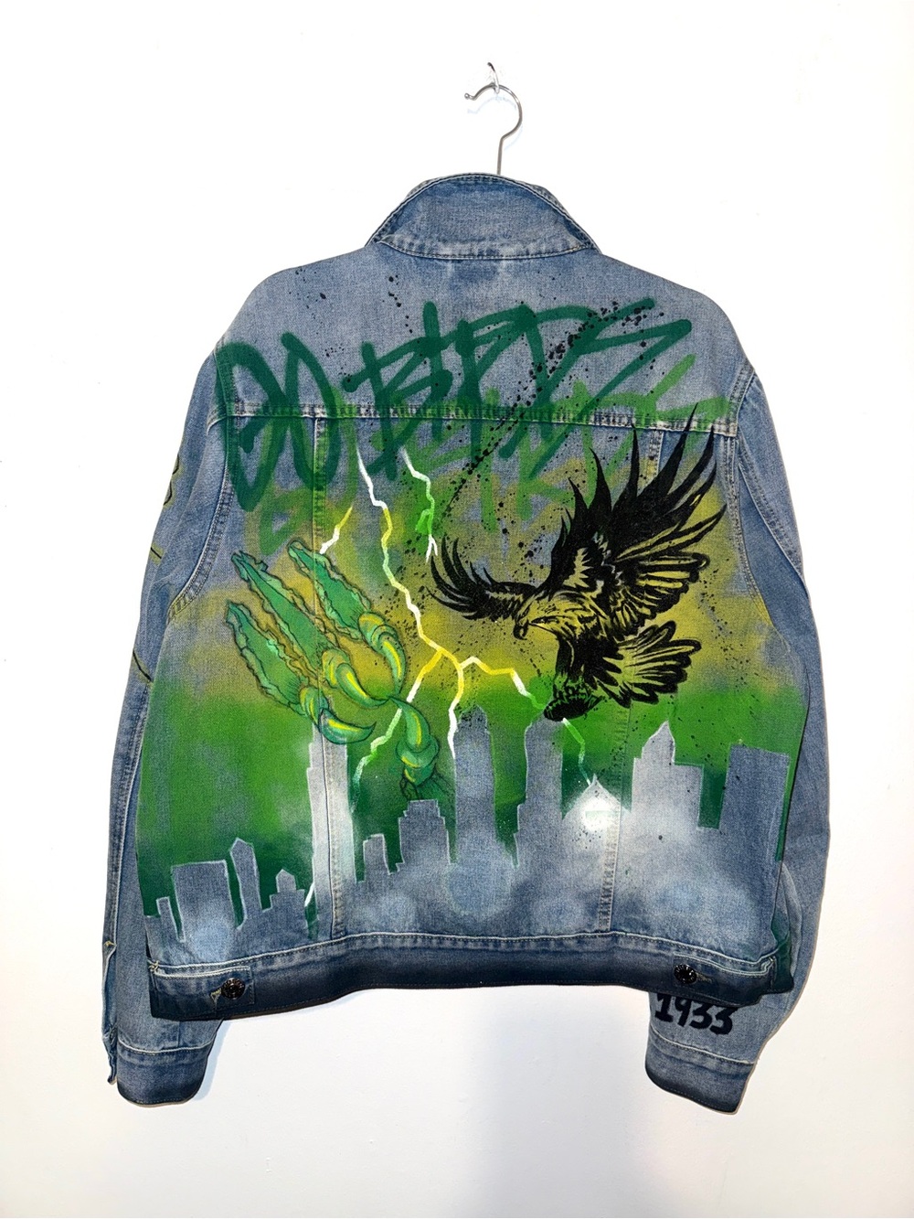 Hand-Painted “Go Birds” Green & Black paint | Blue Denim Jacket
